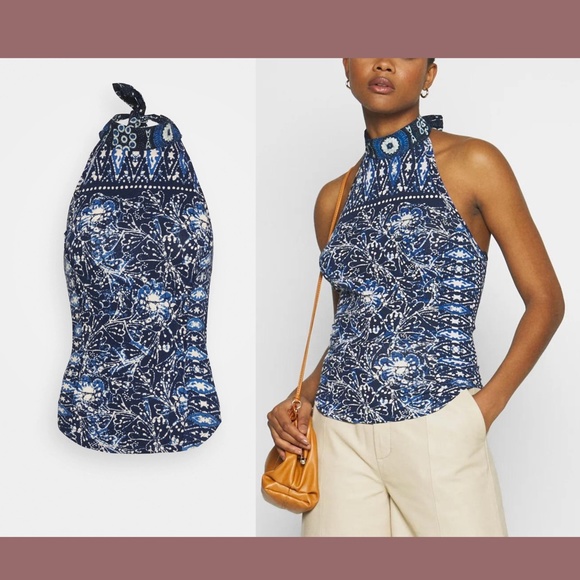 NWT Free‎ People [SZ Large ] Madagascar Halter Tank Top in Indigo Blue - Picture 4 of 12